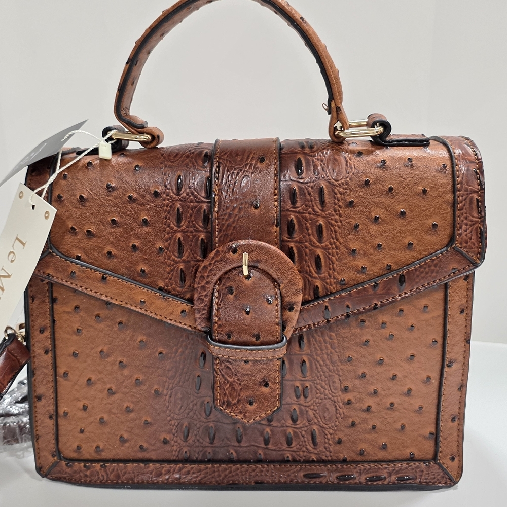 Ostrich Croc Buckle Flap Satchel NWT